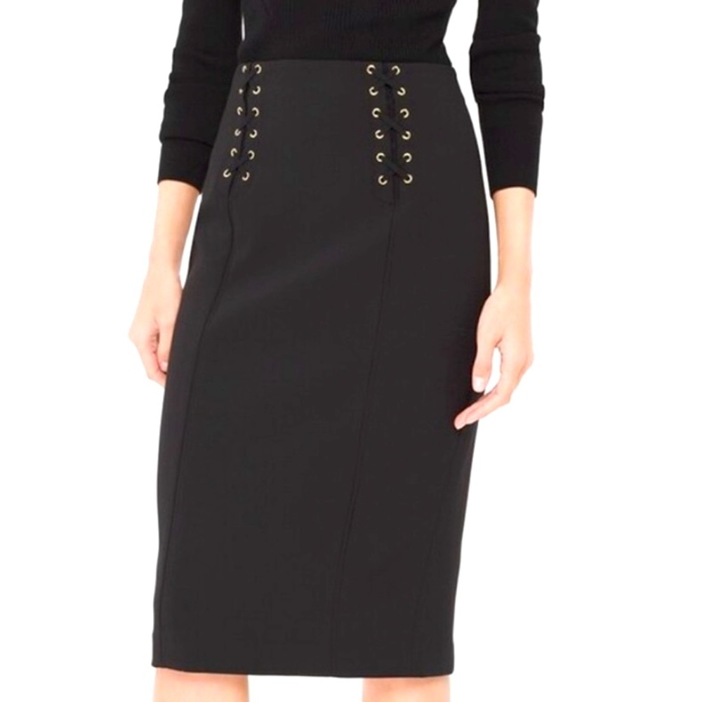 White House Black Market Black Lace Up Waist Design Pencil Skirt
